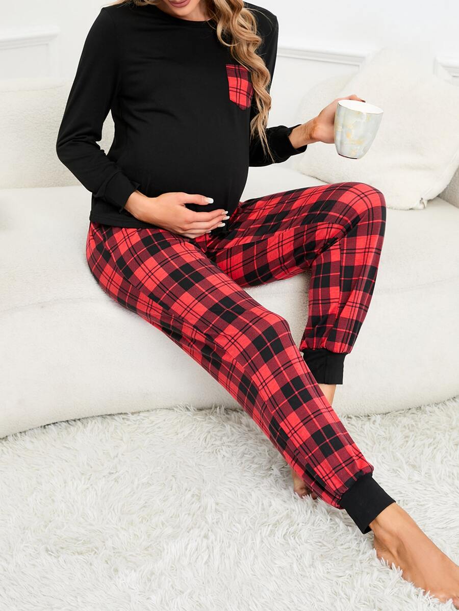 SHEIN Maternity High Waist Plaid Print Lounge Set - Multicolor - View 1