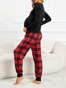 SHEIN Maternity High Waist Plaid Print Lounge Set - Multicolor - View 2