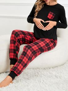 SHEIN Maternity High Waist Plaid Print Lounge Set - Multicolor - View 3