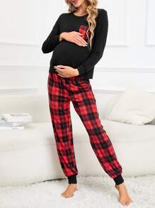 SHEIN Maternity High Waist Plaid Print Lounge Set - Multicolor - View 4