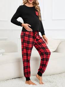 SHEIN Maternity High Waist Plaid Print Lounge Set - Multicolor - View 5