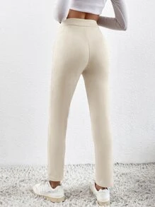 SHEIN Essnce Quần nữ Nút Dây kéo màu trơn Giải trí - Màu be - Xem 2