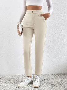 SHEIN Essnce Quần nữ Nút Dây kéo màu trơn Giải trí - Màu be - Xem 3