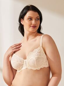 WINGSLOVE Plus Size Elegant Floral Lace Underwire Bra - Beige - View 5