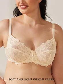 WINGSLOVE Plus Size Elegant Floral Lace Underwire Bra - Beige - View 6