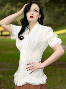 Scarlet Darkness Áo sơ mi nữ Viên lá sen Nút phía trước Tranh thêu màu trơn Thanh lịch - trắng - Xem 1