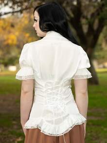 Scarlet Darkness Áo sơ mi nữ Viên lá sen Nút phía trước Tranh thêu màu trơn Thanh lịch - trắng - Xem 2