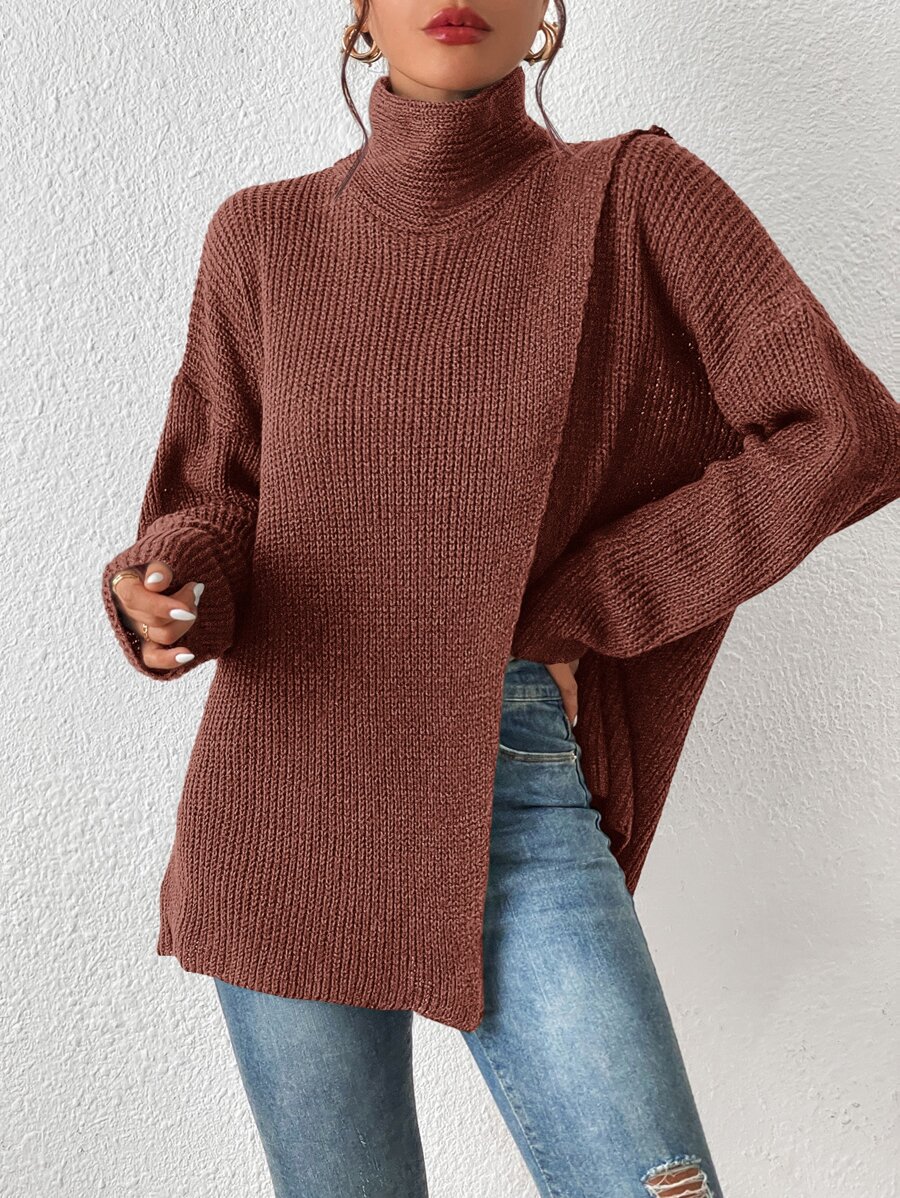 SHEIN Frenchy 高領落肩袖下擺開叉套頭毛衣