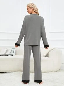 Letter Embroidery Contrast Trim Drop Shoulder Top & Trousers Lounge Set - Grey - View 2