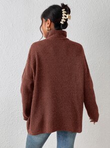 SHEIN Frenchy 高領落肩袖下擺開叉套頭毛衣