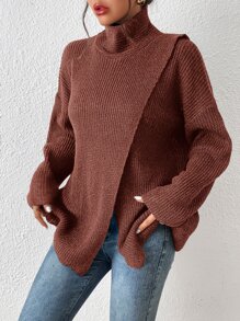 SHEIN Frenchy 高領落肩袖下擺開叉套頭毛衣