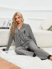 Letter Embroidery Contrast Trim Drop Shoulder Top & Trousers Lounge Set - Grey - View 5