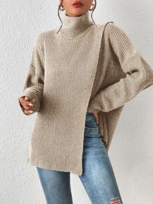 SHEIN Frenchy Jersey cuello alto de hombros caídos bajo con abertura - Albaricoque - Ver 1