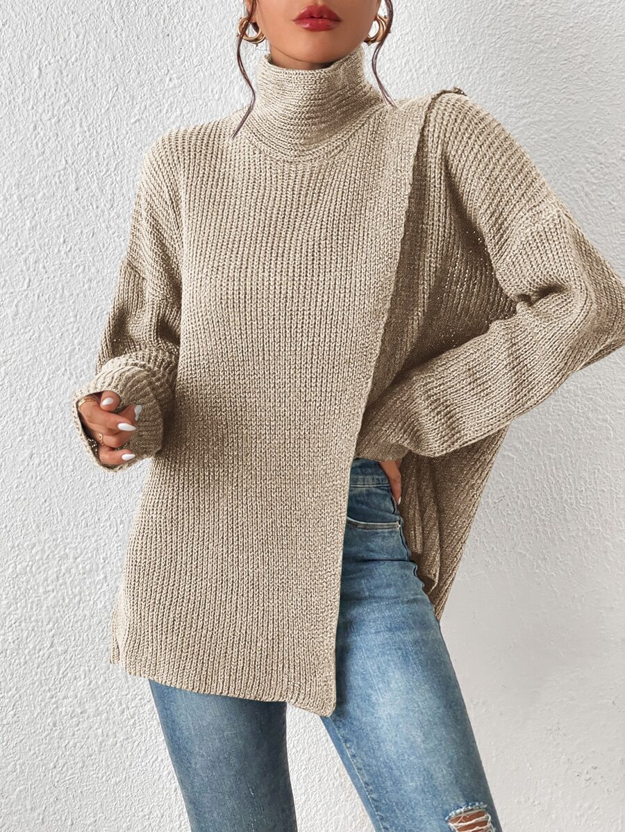 SHEIN Frenchy Jersey cuello alto de hombros caídos bajo con abertura - Albaricoque - Ver 1