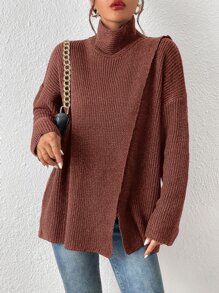 SHEIN Frenchy 高領落肩袖下擺開叉套頭毛衣