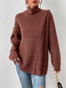 SHEIN Frenchy 高領落肩袖下擺開叉套頭毛衣