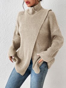 SHEIN Frenchy Jersey cuello alto de hombros caídos bajo con abertura - Albaricoque - Ver 3