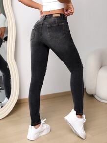 SHEIN Unity Jeans ajustados desgarro - Gris Oscuro - Ver 2