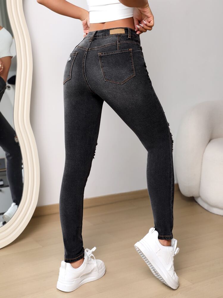 SHEIN Unity Quần jean nữ Nút Túi Dây kéo Bị tách màu trơn - Màu xám đen - Xem 2