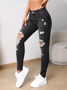 SHEIN Unity Jeans ajustados desgarro - Gris Oscuro - Ver 3
