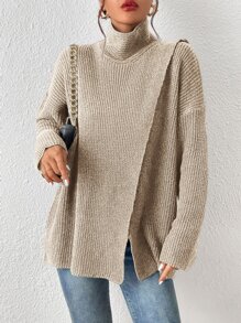 SHEIN Frenchy Jersey cuello alto de hombros caídos bajo con abertura - Albaricoque - Ver 4