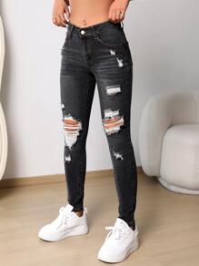 SHEIN Unity Jeans ajustados desgarro - Gris Oscuro - Ver 4