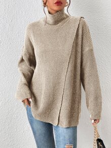 SHEIN Frenchy Jersey cuello alto de hombros caídos bajo con abertura - Albaricoque - Ver 5