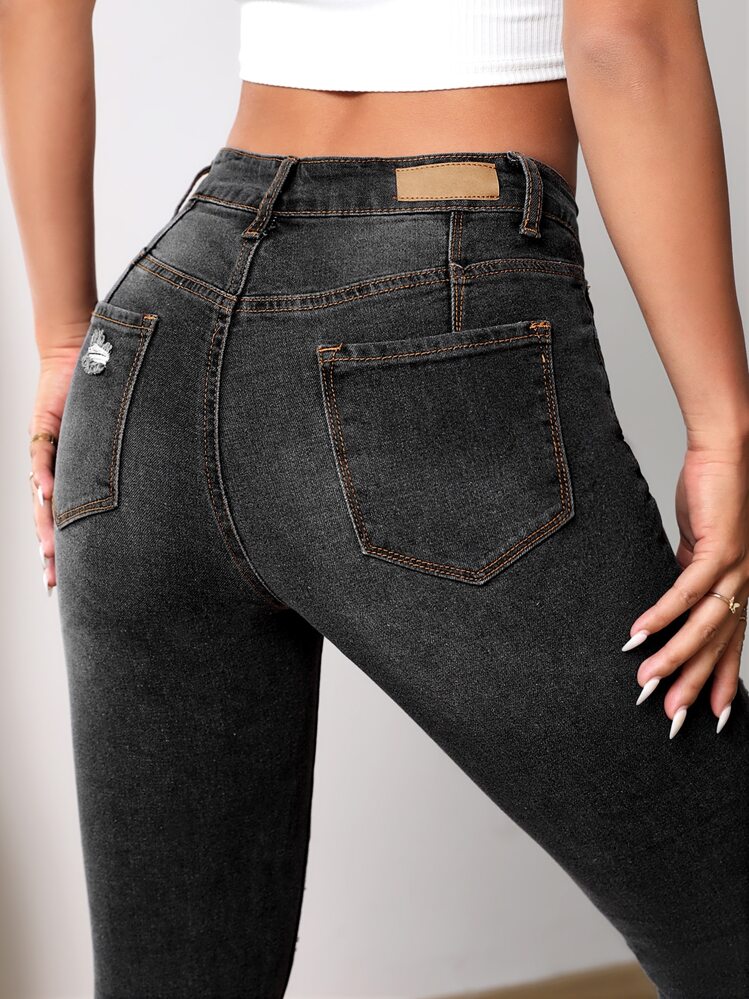 SHEIN Unity Quần jean nữ Nút Túi Dây kéo Bị tách màu trơn - Màu xám đen - Xem 8