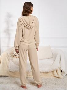 Drop Shoulder Hooded Lounge Set - Apricot - View 2