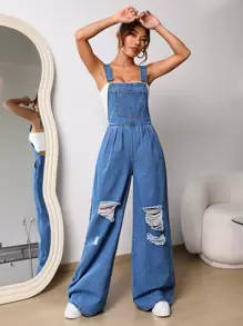 SHEIN EZwear 破洞牛仔背帶褲不帶上衣