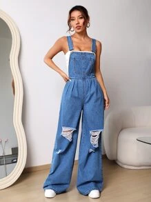 SHEIN EZwear 破洞牛仔背帶褲不帶上衣