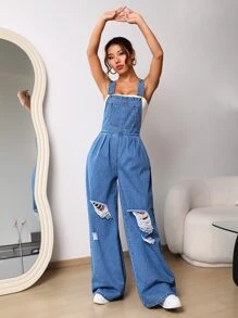 SHEIN EZwear 破洞牛仔背帶褲不帶上衣