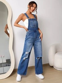 SHEIN SXY Ripped Denim Dungarees Without Top - Medium Wash - View 1