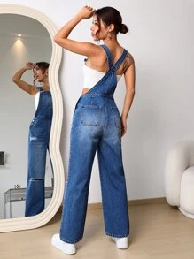 SHEIN SXY Ripped Denim Dungarees Without Top - Medium Wash - View 2