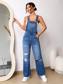SHEIN SXY Ripped Denim Dungarees Without Top - Medium Wash - View 5