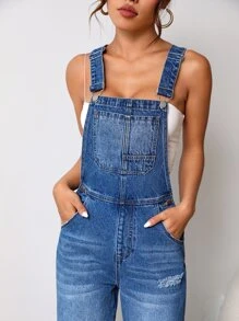 SHEIN SXY Ripped Denim Dungarees Without Top - Medium Wash - View 7