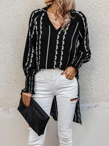 SHEIN LUNE Geo Print High Low Lantern Sleeve Blouse - Black and White - View 1