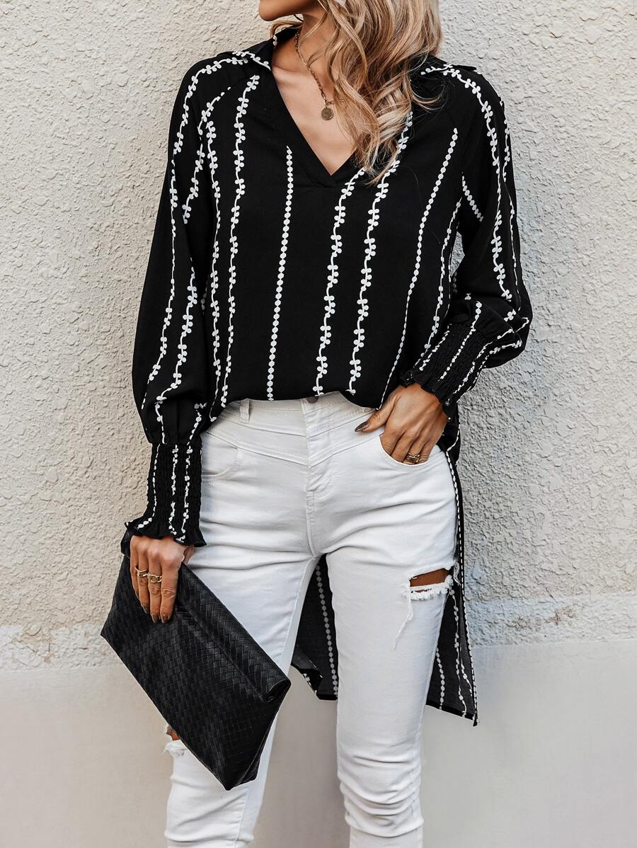 SHEIN LUNE Geo Print High Low Lantern Sleeve Blouse - Black and White - View 1