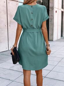 SHEIN Clasi Batwing Sleeve Button Back Curved Hem Belted Dress - Mint Green - View 2
