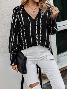 SHEIN LUNE Geo Print High Low Lantern Sleeve Blouse - Black and White - View 4