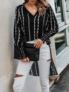 SHEIN LUNE Geo Print High Low Lantern Sleeve Blouse - Black and White - View 5