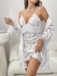 1pc Letter Graphic Contrast Lace Satin Cami Nightdress & 1pc Robe - White - View 1