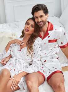 1pc Letter Graphic Contrast Lace Satin Cami Nightdress & 1pc Robe - White - View 2