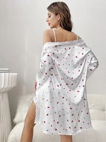 1pc Letter Graphic Contrast Lace Satin Cami Nightdress & 1pc Robe - White - View 3