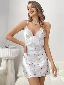 1pc Letter Graphic Contrast Lace Satin Cami Nightdress & 1pc Robe - White - View 5