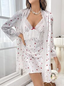 1pc Letter Graphic Contrast Lace Satin Cami Nightdress & 1pc Robe - White - View 6