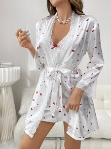 1pc Letter Graphic Contrast Lace Satin Cami Nightdress & 1pc Robe - White - View 7