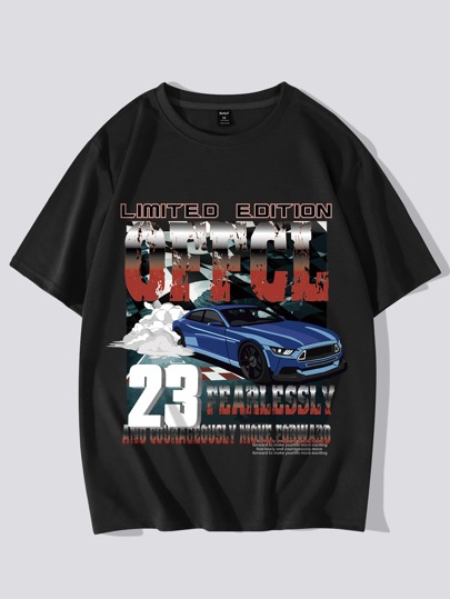 تي شيرت بجرافيك عبارة وسيارة للشباب