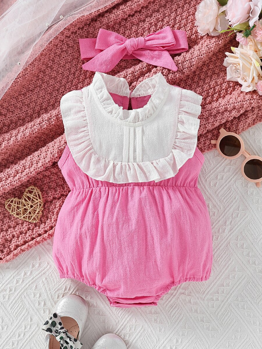 Bebé Body cuello de volante de color combinado con Accesorio Diadema - Rosa - Ver 1