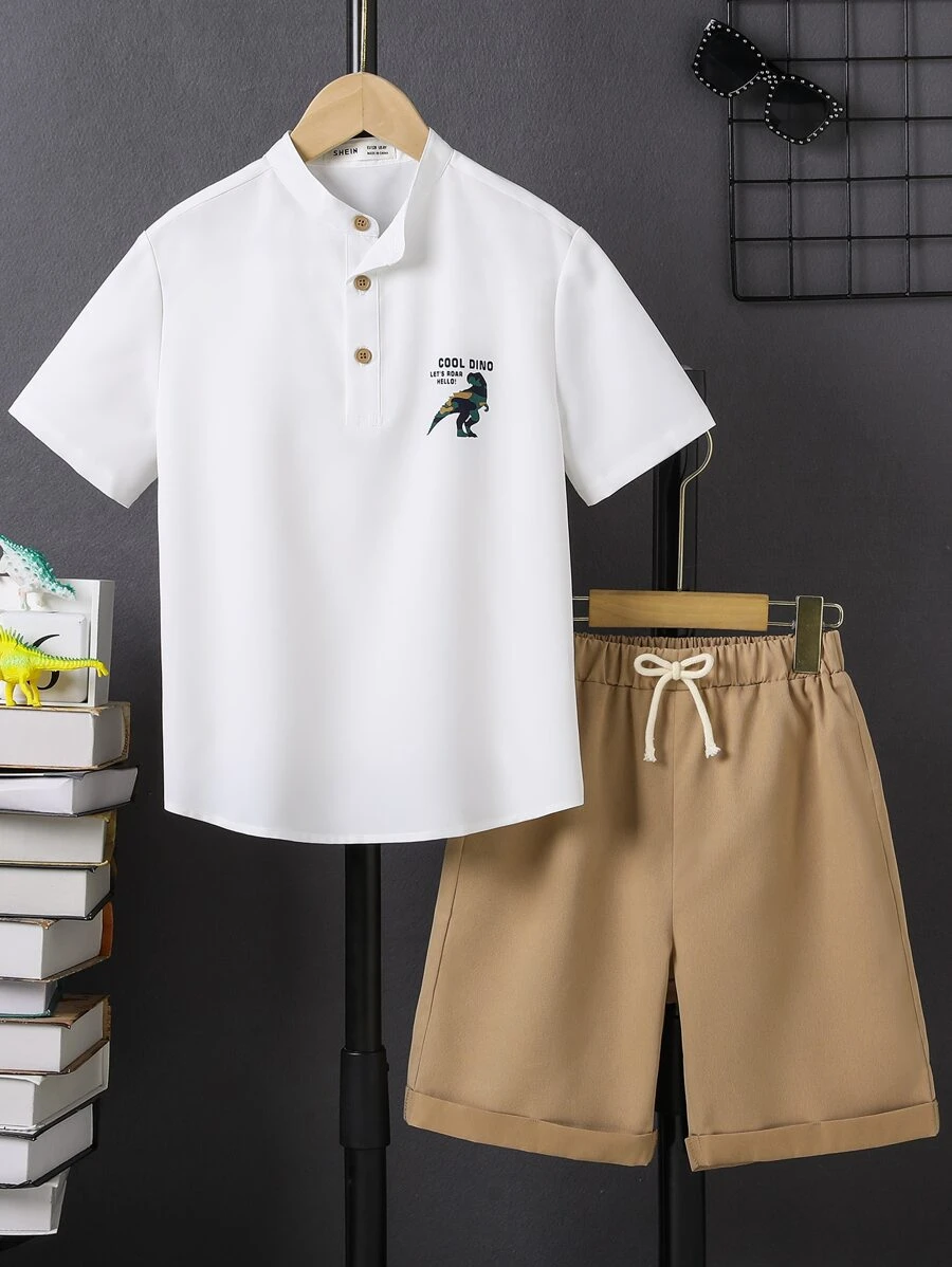 SHEIN 男孩恐龍和標語圖案POLO衫和短褲